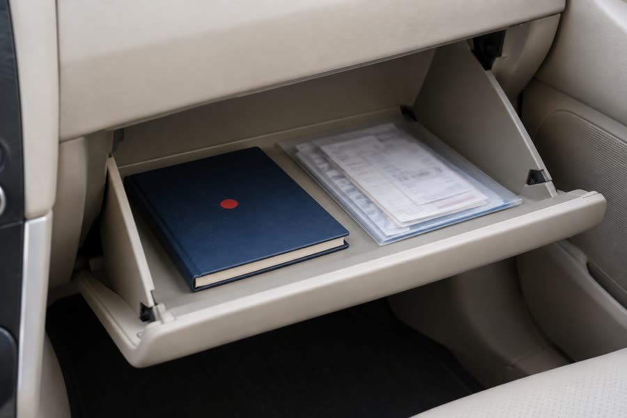 An open glovebox holding a navy record book and a sleeve of service receipts.