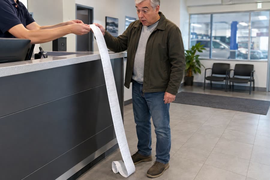 A customer at a service counter staring at a receipt so long it reaches the floor.